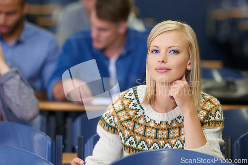 Image of Student, learning and university portrait in lecture, hall and development in class with education. College, campus and girl studying for test in school and thinking of project, research or knowledge