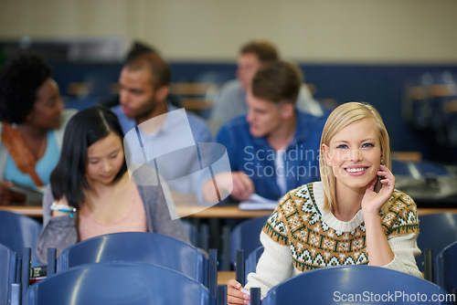 Image of University, students and happy portrait in lecture, classroom and learning in course for education. College, campus and people studying for test in school and reading project, research or knowledge