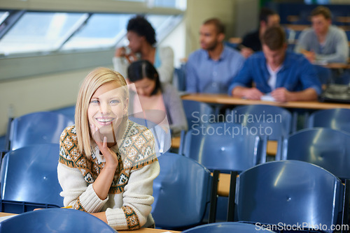 Image of Portrait, students and woman with education, studying and university with learning and knowledge. College, people or girl writing or relax with academy with smile or scholarship in a classroom or joy