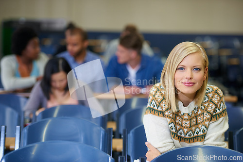 Image of College, student and portrait in lecture, class and learning in course with education development. University, campus and people studying for test in school and reading project, research or knowledge