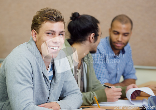 Image of Student, university and man in classroom portrait, information and notes for studying. People, books and knowledge in education for learning, problem solving and ideas for solution in assessment