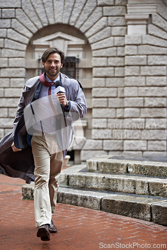 Image of Happy, media and man in city, news reporter and journalist in New York and employee with feedback. Person, smile and guy with a microphone, review or reporting for television and broadcasting career