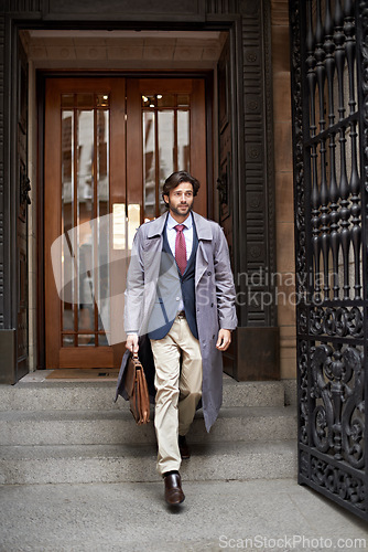 Image of Leaving work, business and man with professional, startup and employee with lawyer and legal aid. Person in front of office door or advocate with schedule or building in New York city with confidence