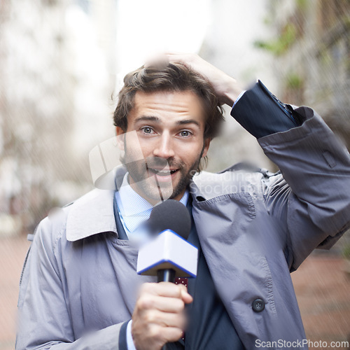 Image of Portrait, news reporter and interview with man, microphone or journalism with broadcast or live streaming. Raining, person or media with breaking story or feedback with weather or anchor with review