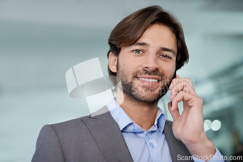 Image of Businessman, portrait and phone call for networking in office, communication and app for conversation. Male person, negotiation and connection for opportunity in career, talking and b2b for planning