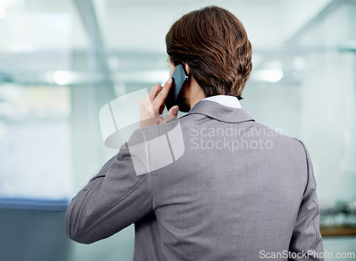 Image of Businessman, planning and phone call for networking in office, communication and app for conversation. Male person, negotiation and connection for opportunity, talking and back for speaking at work