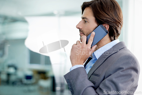 Image of Businessman, deal and phone call for networking in office, communication and app for conversation. Male person, negotiation and connection for opportunity in career, talking and b2b for planning