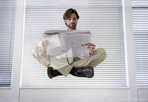 Image of Levitating, business and man with newspaper, relax and employee with consultant and professional in workplace. Person, entrepreneur and guy with information and reading with hovering and office