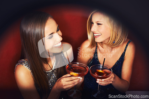 Image of Smile, cocktails and women speaking at event for party, bonding or happy hour together. Happy, conversation and young female friends with alcohol drinks at night club for celebration and fun.