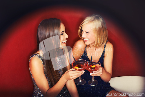 Image of Smile, cocktails and women in conversation at event for party, bonding or happy hour together. Happy, confidence and young female friends with alcohol drinks at night club for celebration and fun.