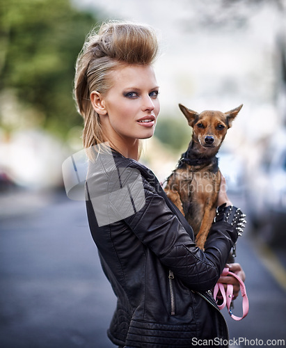 Image of Woman, portrait and leather jacket with dog, happy and rock n roll for unique in punk fashion and city for pet chihuahua. London, person and face in funky clothes in town and care for domestic animal