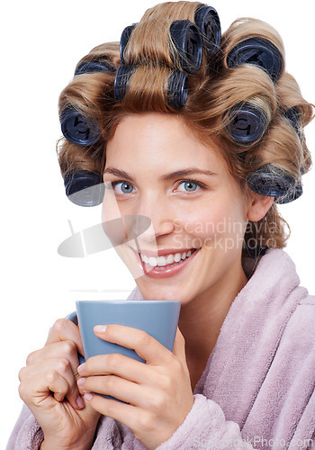 Image of Portrait, coffee and hair with woman curling in studio isolated on white background for salon treatment. Face, smile and beauty with happy young person in bathrobe for cosmetics, pamper and haircare