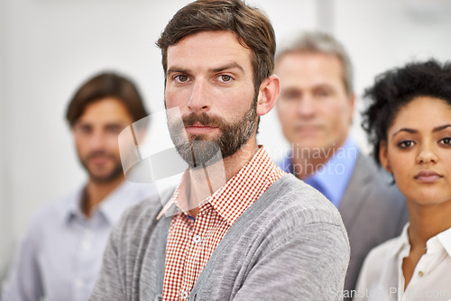 Image of Businesspeople, portrait and leadership with confidence for achievement, collaboration or partnership. Men, women and arms crossed at creative agency for startup pride or serious, together or Canada