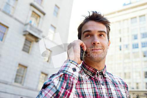 Image of City, phone call and man with sunshine, conversation and communication with network and Italy. Person, outdoor and connection with smartphone or mobile user with discussion or contact with urban town