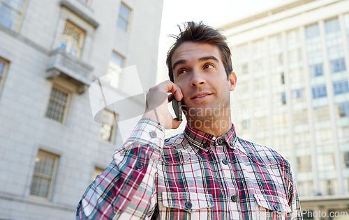 Image of Outdoor, phone call and man with sunshine, connection and communication with digital app or Italy. Person, city or conversation with cellphone or mobile user with discussion or contact with buildings