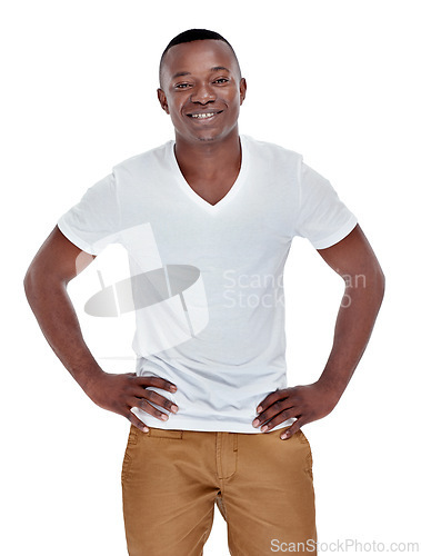 Image of Man, portrait and happy with confidence or white background or Nigeria, relaxed or mockup space. Black person, model and smile or face in good mood or pride in studio or handsome, casual or positive