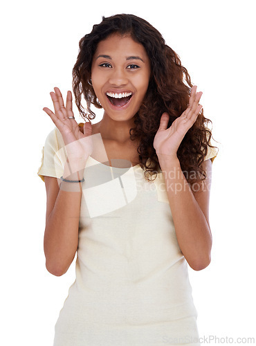 Image of Happy woman, portrait and surprise for winning, good news or prize in fashion on a white studio background. Face of excited female person or model with smile for wow or amazing deal, offer or sale