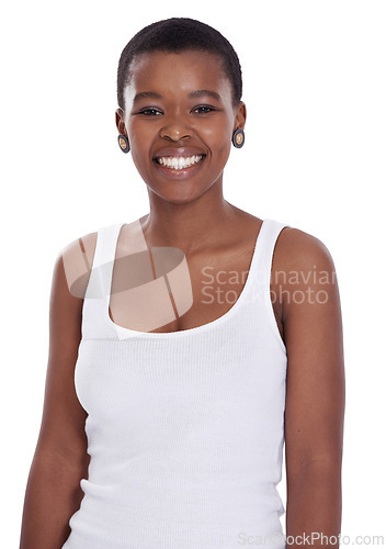 Image of White background, fashion and portrait of woman with smile, vest and gold earrings in South Africa. African model, female student or actress with short, natural hair and teeth for casting in studio