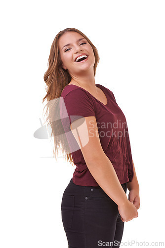 Image of Fashion, confident and portrait of woman in studio with stylish, casual and trendy outfit with smile. Happy, laughing and beautiful female person with style and cosmetic face by white background.