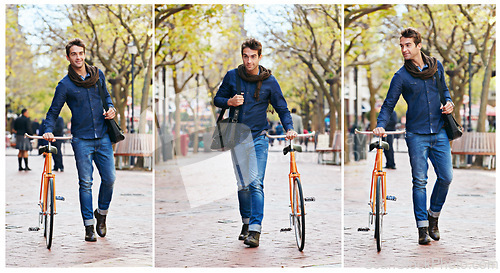 Image of Collage, man and walking with bike for travel, city and carbon footprint for journey or commute with cycling. Eco friendly transport, bicycle with sustainability and moving on park path in New York