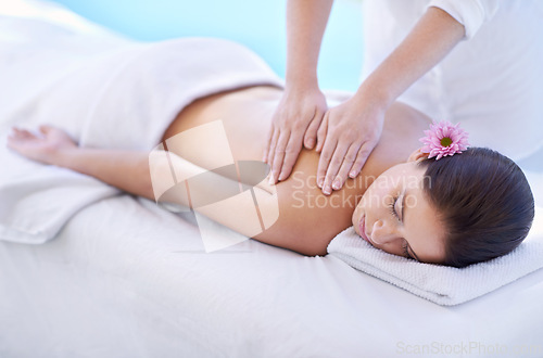 Image of Sleep, spa and woman at pool for massage with health, wellness and luxury holistic treatment. Self care, peace and girl on table with professional masseuse for body therapy, relax and hotel service