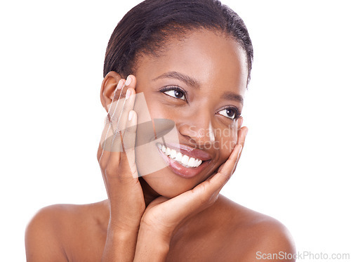 Image of Face, black woman and skincare in studio with smile for treatment, beauty and natural look with healthy skin. Happy, soft and glow with facial wellness for positive results and aesthetics