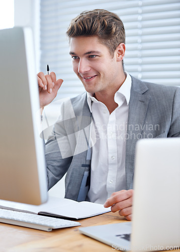 Image of Businessman, computer and notebook with office, workspace and technology for work. Employee, corporate and desktop by laptop for accounting, business and success with paper for planning or portfolio