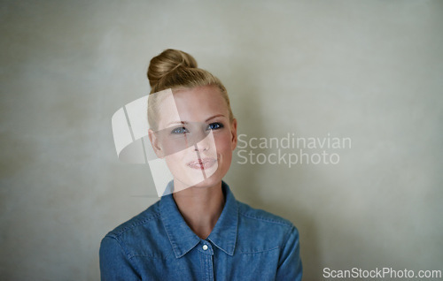 Image of Hipster woman, portrait and studio with denim, style and fashion for streetwear. Canadian female person, smile and space in background, shirt and casual look for trendy and apparel for mockup