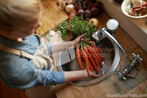 Image of Hands, carrots and washing in sink for healthy vegetable for wellness ingredient or organic, salad or hygiene. Chef, water and clean in kitchen for meal preparation with recipe, vitamins or above