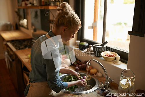 Image of Woman in kitchen, cleaning vegetables and cooking, hygiene and health for food and nutrition at home. Chef skill, washing produce and catering, vegan or vegetarian meal prep with preparation