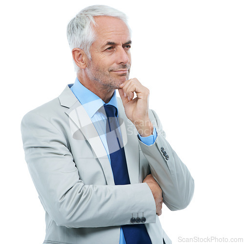 Image of Thinking, senior man and suit in studio with white background for future ideas. Smart, businessman and professional with formal experience and wisdom to plan for business, objectives and vision.