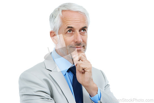 Image of Idea, senior man and suit in studio with white background, thinking for future plans. Corporate, professional and formal with experience, wisdom and business career with advice for entrepreneurs