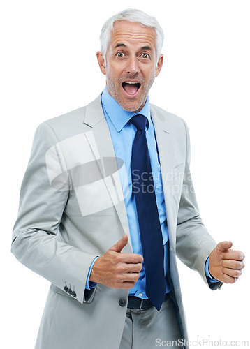 Image of Studio, portrait or mature businessman in surprise for bonus or professional worker with good news. Senior lawyer, face or shock for deal announcement or excited for winning by white background