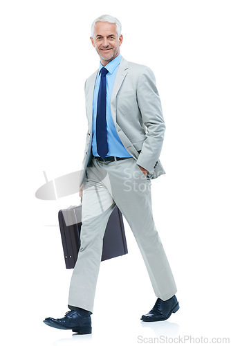 Image of Studio, portrait or mature businessman for walk in confidence or travel with briefcase in professional career. Senior person, face or happy in accounting job, mockup or journey by white background