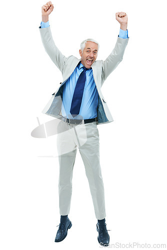 Image of Business, portrait and man jump in studio for joy, excitement and promotion at corporate work. Mature, worker and smile with happiness for manager position by company, success with white background