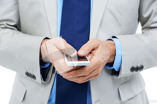 Image of Hands, phone and businessperson in studio for networking, communication and typing a message. Closeup, professional and internet or voip for online conversation, email and app on white background