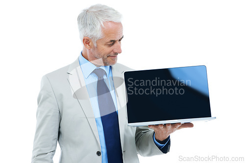 Image of Manager, businessman and laptop screen in studio isolated on a white background mockup space. CEO, senior and professional with computer display, advertising and show promotion information on tech