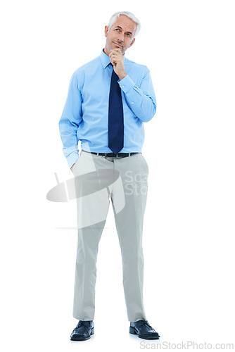 Image of Studio, planning or mature businessman with thinking of project and professional lawyer by white background. Senior person, memory and idea in commercial law career with insight and problem solving
