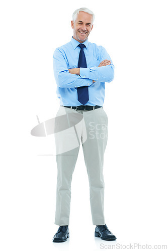 Image of Studio, portrait or mature businessman happy in career and confident professional with arms crossed. Senior accountant, face or smile for auditing job in corporate or positive by white background