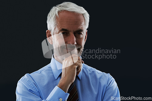 Image of Confident, portrait and mature businessman or lawyer in black background, studio and mockup. Professional, attorney and pride as corporate legal advisor and consultant of law for business decision