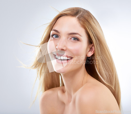 Image of Hair care, portrait and happy woman, beauty or makeup for skincare isolated on white studio background. Face, smile and hairstyle of blonde model in cosmetics, hairdresser or salon treatment for glow