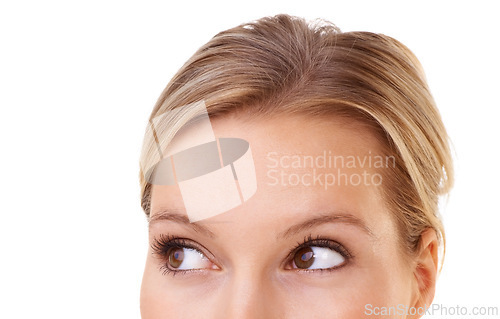 Image of Closeup, eyes and woman with ideas, questions and decisions while planning, thinking and dreaming. Mockup, female person and vision with memories or dreams of future with white background in studio