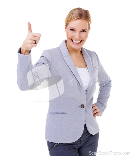 Image of Woman, studio and portrait with emoji, thumbs up and smile for thank you, confidence and suit. Entrepreneur, happiness and white background for approval, excited and attitude for contact and wow