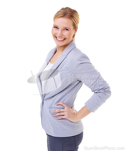 Image of Businesswoman, fashion and smile in studio with confidence for startup, opportunity and portrait. Professional, entrepreneur and hands on hips for job, pride and career isolated on white background