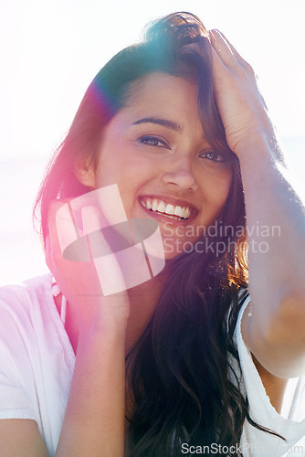 Image of Mexican woman, outdoor and smile for nature, portrait and breeze for summertime in Bali for vacation. Female person, lens flare and holiday relaxation for abroad, outside and happy for trip.