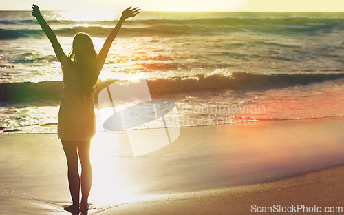 Image of Sunset, beach and woman with freedom, space and water on excited for summer holiday in Cancun. Relax, sun and girl on ocean vacation with adventure, travel and flare on tropical island with mockup.