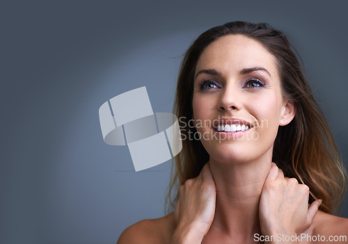 Image of Smile, woman and skincare with happiness in studio, grey background and happy for skin treatment and glow. Beauty, health cosmetics and thinking in fresh natural look with self care and mockup.