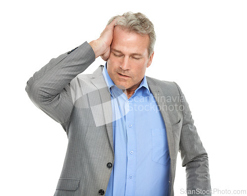 Image of Business, studio and mature man with headache, stress or confused for investment mistake, debt or bankruptcy. Corporate CEO, boss or person with pain, worry or career anxiety a white background