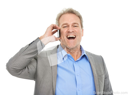 Image of Business, man and phone call in studio laughing for communication, feedback and happy news. Portrait of mature, corporate person listening on mobile for chat with wow or excited on a white background