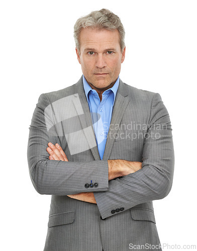 Image of Business, man and arms crossed in studio portrait for corporate career, serious and strict rules or compliance. Face of a professional lawyer or mature attorney in legal manager on a white background